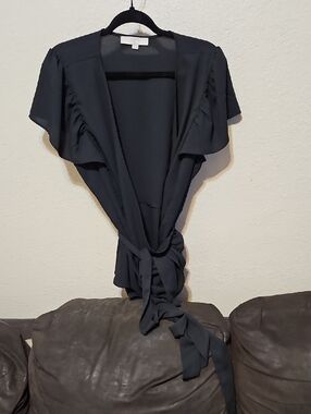 LOFT Black Tie-Front Flutter Sleeve Blouse